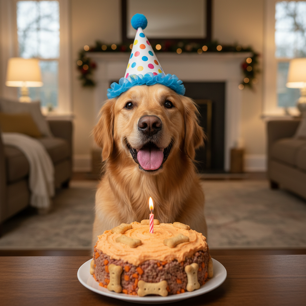A happy Golden Retriever wearing a festive polka-dot party hat, sitting behind a dog-friendly birthday cake made of meat and carrots with one lit candle, soft warm indoor lighting, blurred cozy living room background, high resolution.