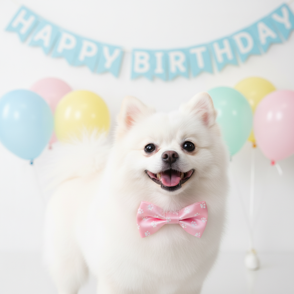 Close-up portrait of a fluffy white Pomeranian with a joyful expression, wearing a stylish pink bow tie, pastel-colored balloons and a Happy Birthday banner in the soft-focus background, bright and clean aesthetic.