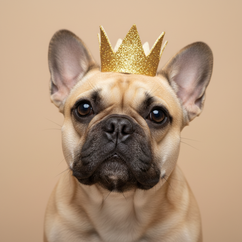 Minimalist and elegant studio photography of a French Bulldog wearing a small golden glitter crown, clean beige backdrop, sharp focus on the dog's face, high-end commercial style for a pet blog.